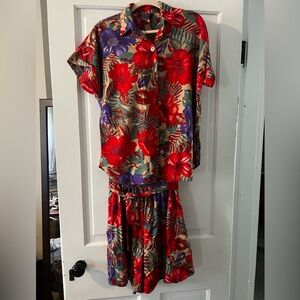Vintage Michele Leslie of California Vibrant Red and Tan Hawaiian Floral Set